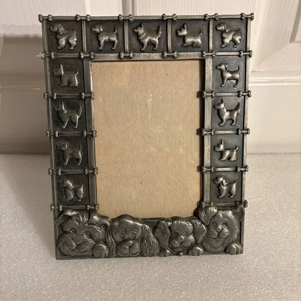Pewter Picture Frame W/4 Dogs Faces & Trimmed W/ Dog Silhouette & Bones. 4”x6”